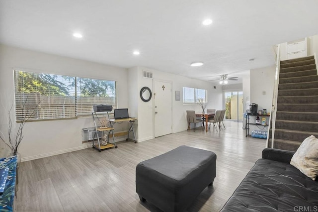 1450 Melrose Ave Unit 25, Chula Vista, CA 91911 - living room with stairway, wood finished floors, ceiling fan, recessed lighting, and baseboards