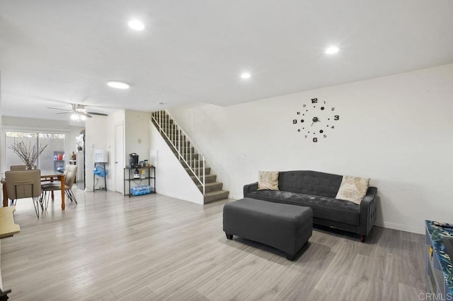 1450 Melrose Ave Unit 25, Chula Vista, CA 91911 - living room featuring light wood-type flooring, stairs, recessed lighting, baseboards, and ceiling fan