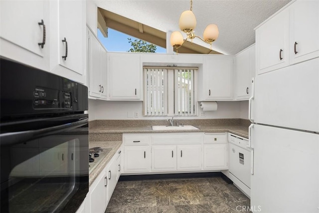 542 Via Estrada Unit A, Laguna Woods, CA 92637 - kitchen featuring white appliances, a sink, lofted ceiling, white cabinetry, and a textured ceiling