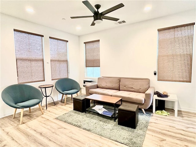 403 Aura Dr, Costa Mesa, CA 92626 - living room featuring baseboards, wood finished floors, ceiling fan, and recessed lighting
