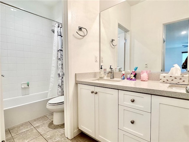 403 Aura Dr, Costa Mesa, CA 92626 - bathroom with toilet, double vanity, shower / bathtub combination with curtain, and tile patterned flooring