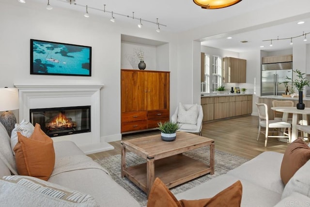 2386 Lapis Rd, Carlsbad, CA 92009 - living area featuring track lighting, light wood-style flooring, and a glass covered fireplace