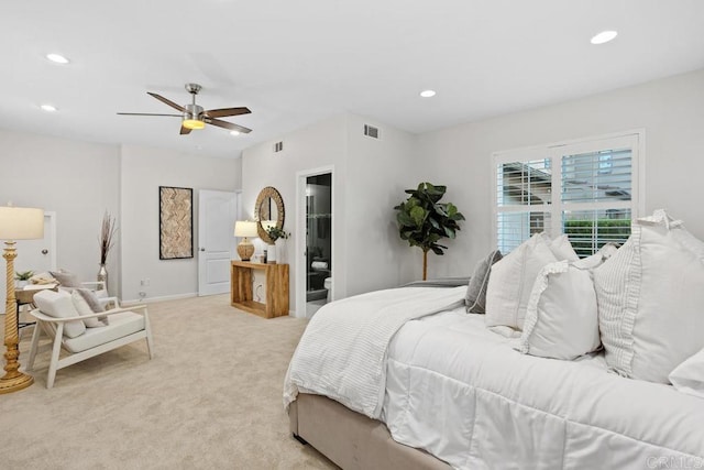2386 Lapis Rd, Carlsbad, CA 92009 - bedroom featuring light carpet, recessed lighting, and a ceiling fan