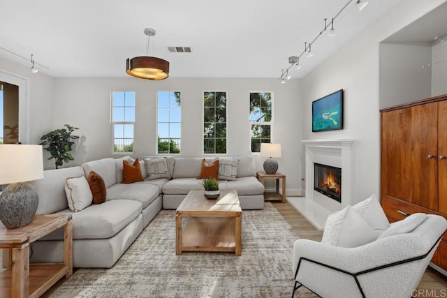 2386 Lapis Rd, Carlsbad, CA 92009 - living room with rail lighting, plenty of natural light, a glass covered fireplace, and light wood finished floors