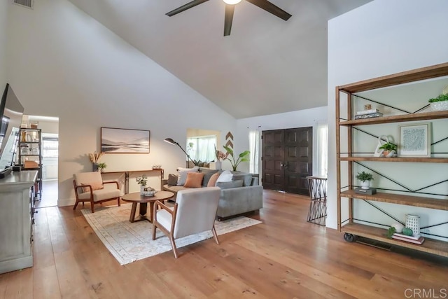 10509 Challenge Blvd, La Mesa, CA 91941 - living room with high vaulted ceiling, a ceiling fan, and light wood-type flooring