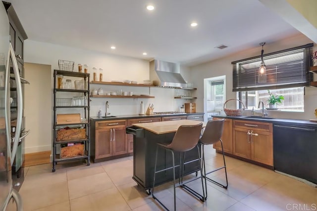 10509 Challenge Blvd, La Mesa, CA 91941 - kitchen featuring wall chimney range hood, open shelves, dishwasher, a sink, and dark countertops