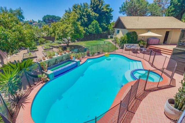 10509 Challenge Blvd, La Mesa, CA 91941 - view of swimming pool with a pool with connected hot tub, a fenced backyard, a patio area, and view of wooded area