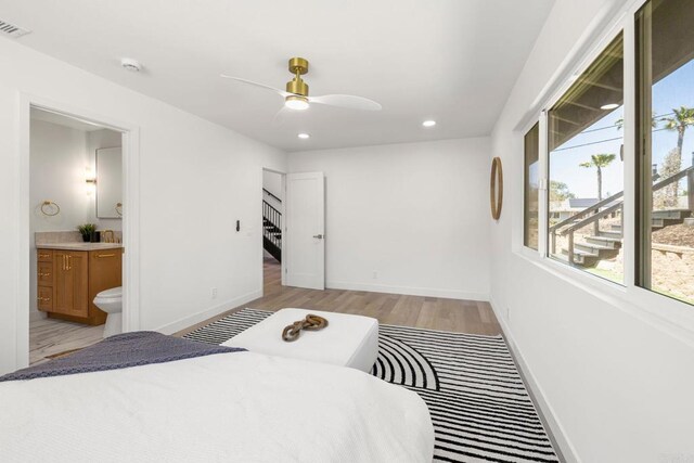 1711 Alhudson Dr, Escondido, CA 92029 - bedroom featuring light wood finished floors, baseboards, recessed lighting, connected bathroom, and a ceiling fan