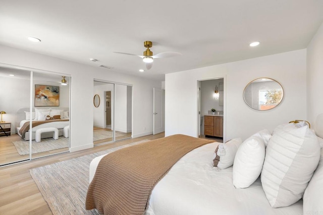 1711 Alhudson Dr, Escondido, CA 92029 - bedroom with two closets, light wood-type flooring, recessed lighting, ensuite bathroom, and a ceiling fan