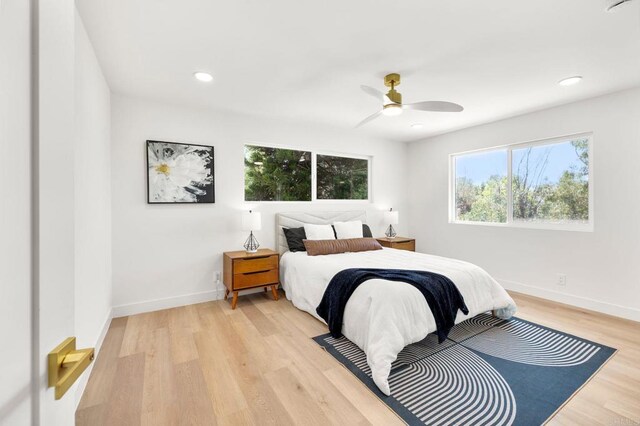 1711 Alhudson Dr, Escondido, CA 92029 - bedroom with light wood-style floors, baseboards, a ceiling fan, and recessed lighting