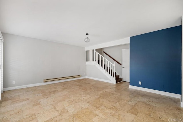 356 S Miraleste Dr Unit 327, San Pedro, CA 90732 - empty room featuring baseboard heating, stairway, light stone finish flooring, and baseboards