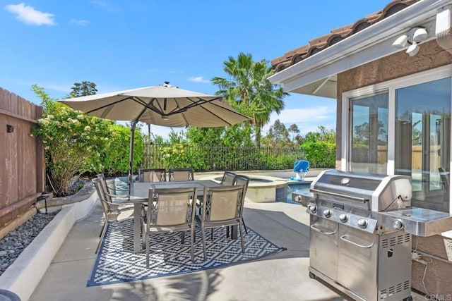 11171 Alejo Pl, San Diego, CA 92124 - fenced backyard featuring a patio area, a grill, outdoor dining area, and a pool with connected hot tub
