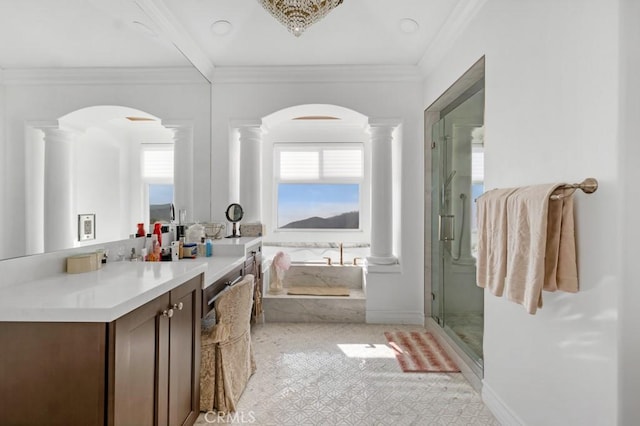 8 Saint Tropez, Laguna Niguel, CA 92677 - full bath featuring decorative columns, vanity, a bath, ornamental molding, and a shower stall