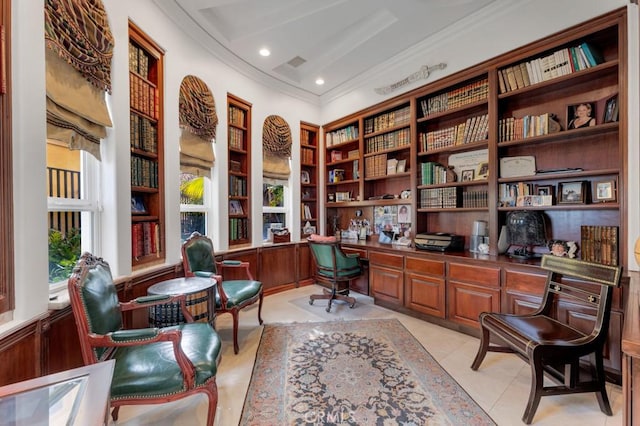 8 Saint Tropez, Laguna Niguel, CA 92677 - office featuring built in desk, crown molding, built in shelves, light tile patterned floors, and recessed lighting