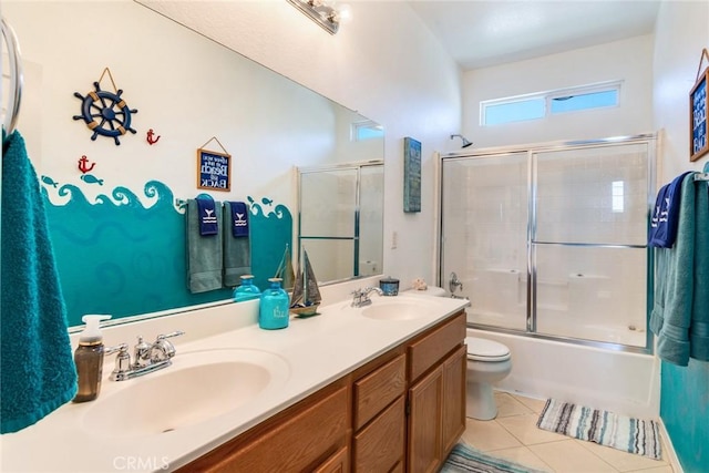 15190 Fox Ridge Dr, Fontana, CA 92336 - bathroom with toilet, tile patterned flooring, enclosed tub / shower combo, and double vanity