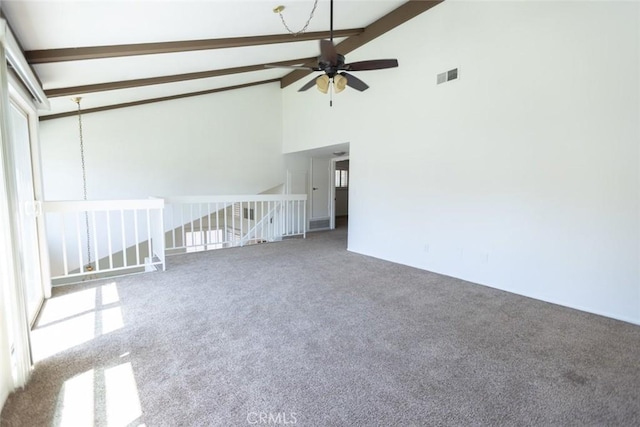 1903 W W Wind, Santa Ana, CA 92704 - spare room featuring a ceiling fan, beamed ceiling, carpet floors, and high vaulted ceiling