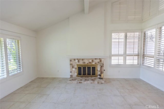 1903 W W Wind, Santa Ana, CA 92704 - unfurnished living room featuring high vaulted ceiling, a fireplace, baseboards, beamed ceiling, and tile patterned floors