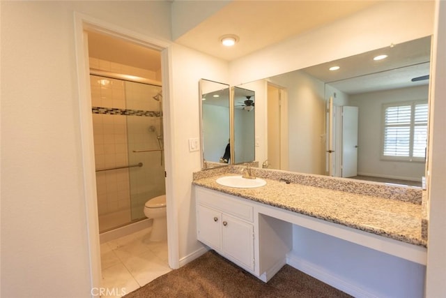 1903 W W Wind, Santa Ana, CA 92704 - bathroom with toilet, a stall shower, vanity, recessed lighting, and ceiling fan