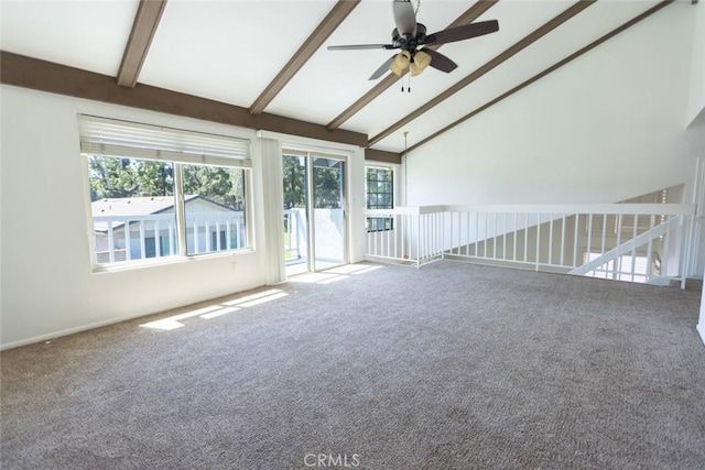 1903 W W Wind, Santa Ana, CA 92704 - spare room featuring a ceiling fan, beam ceiling, carpet flooring, and high vaulted ceiling