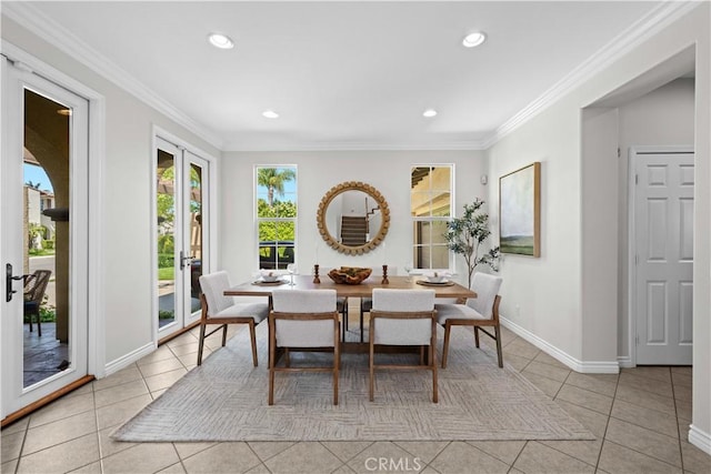26865 Grey Pl, Stevenson Ranch, CA 91381 - dining room with light tile patterned flooring, recessed lighting, baseboards, french doors, and ornamental molding