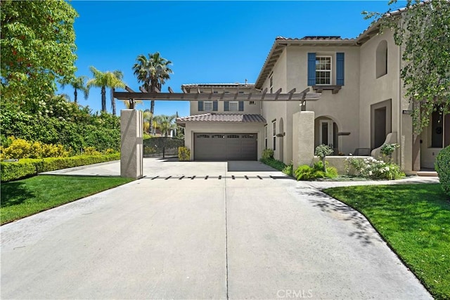 26865 Grey Pl, Stevenson Ranch, CA 91381 - mediterranean / spanish-style home with stucco siding, driveway, a tile roof, and a front yard
