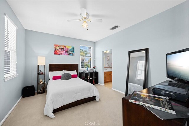 26865 Grey Pl, Stevenson Ranch, CA 91381 - bedroom with light colored carpet, baseboards, a ceiling fan, and ensuite bathroom