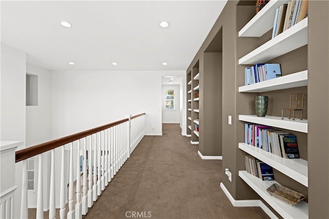 26865 Grey Pl, Stevenson Ranch, CA 91381 - hallway featuring carpet floors, baseboards, recessed lighting, and built in shelves
