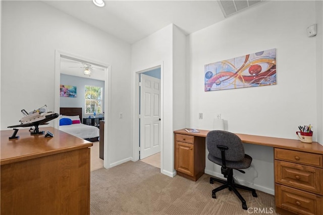 26865 Grey Pl, Stevenson Ranch, CA 91381 - home office featuring light carpet, a ceiling fan, and baseboards