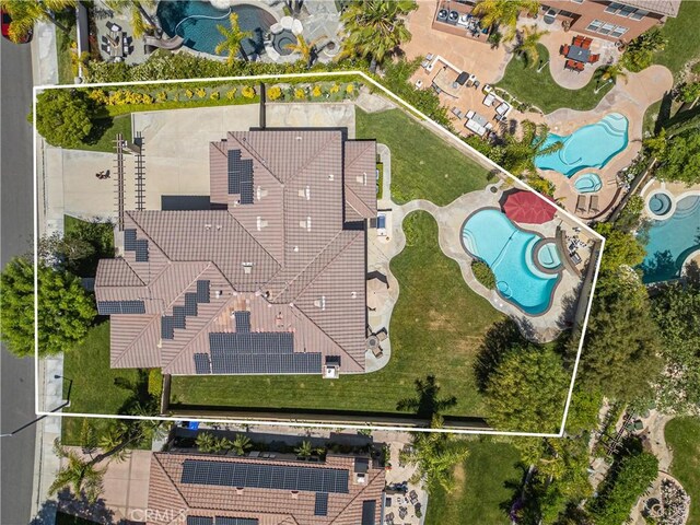 26865 Grey Pl, Stevenson Ranch, CA 91381 - aerial view of property and surrounding area with a pool area and property boundaries highlighted