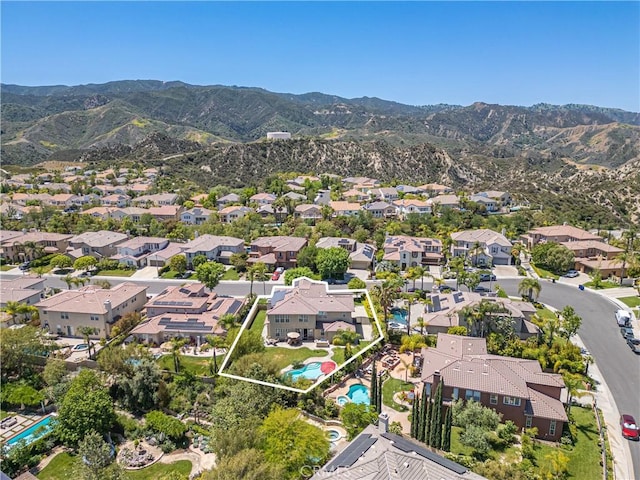 26865 Grey Pl, Stevenson Ranch, CA 91381 - aerial perspective of suburban area with a pool area, mountains, and property parcel outlined