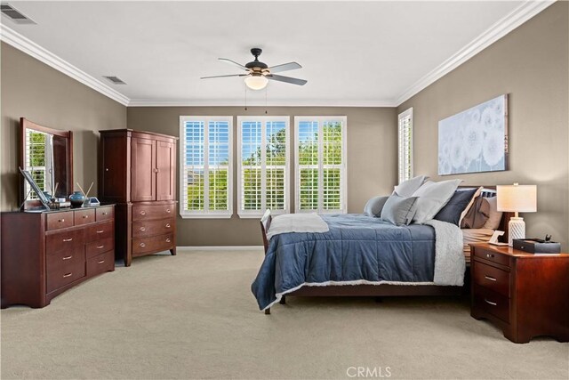 26865 Grey Pl, Stevenson Ranch, CA 91381 - bedroom with light colored carpet, ornamental molding, baseboards, and a ceiling fan