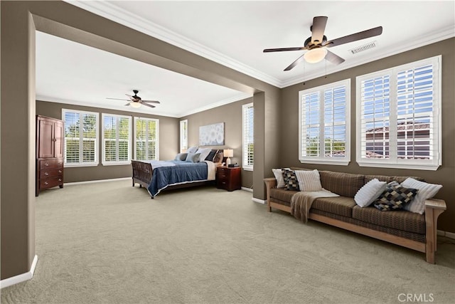 26865 Grey Pl, Stevenson Ranch, CA 91381 - bedroom featuring baseboards, crown molding, light carpet, and ceiling fan