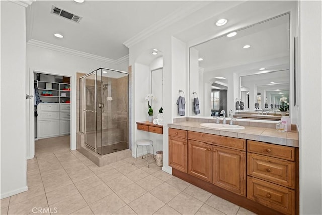 26865 Grey Pl, Stevenson Ranch, CA 91381 - full bath featuring a shower stall, ornamental molding, vanity, tile patterned floors, and recessed lighting