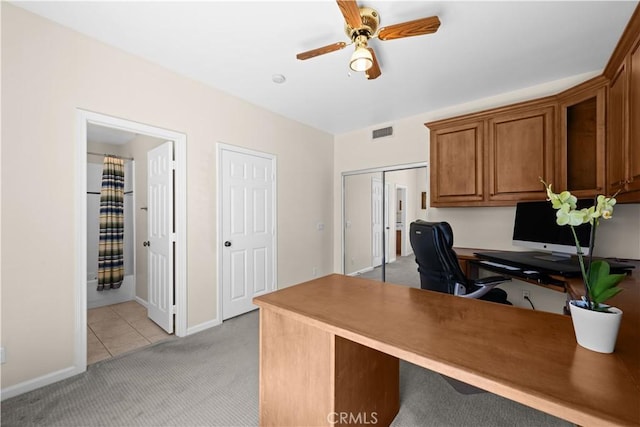 26865 Grey Pl, Stevenson Ranch, CA 91381 - office area featuring light carpet, a ceiling fan, light tile patterned floors, and baseboards
