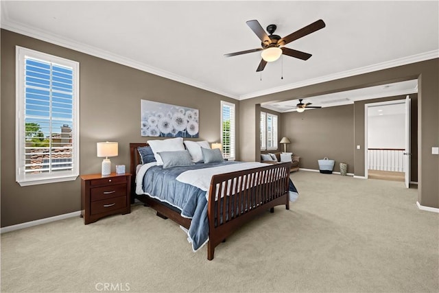 26865 Grey Pl, Stevenson Ranch, CA 91381 - bedroom featuring ornamental molding, baseboards, light colored carpet, and a ceiling fan