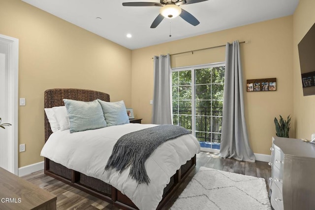 3236 Royal Oaks Dr Unit 5, Thousand Oaks, CA 91362 - bedroom featuring baseboards, wood finished floors, access to exterior, ceiling fan, and recessed lighting