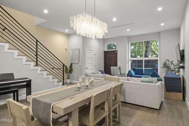 3236 Royal Oaks Dr Unit 5, Thousand Oaks, CA 91362 - dining space with wood finished floors, stairs, recessed lighting, and a chandelier