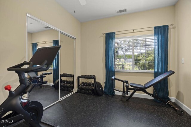 3236 Royal Oaks Dr Unit 5, Thousand Oaks, CA 91362 - workout area with baseboards and a ceiling fan
