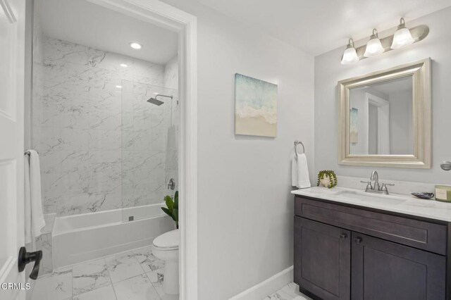 3236 Royal Oaks Dr Unit 5, Thousand Oaks, CA 91362 - full bath with marble look tiles, vanity, shower / bathtub combination, and recessed lighting