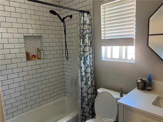 25886 Faircrest Cir, Hemet, CA 92544 - bathroom featuring shower / bath combination with curtain, toilet, and vanity