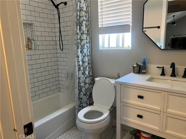25886 Faircrest Cir, Hemet, CA 92544 - full bathroom with toilet, vanity, shower / bath combo with shower curtain, and tile patterned flooring