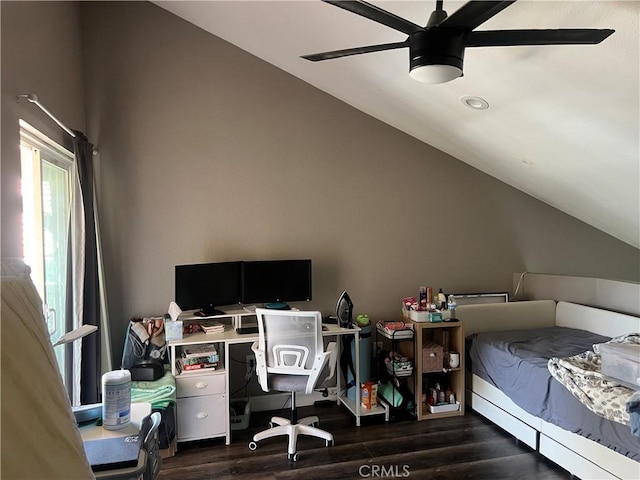 25886 Faircrest Cir, Hemet, CA 92544 - bedroom with lofted ceiling, dark wood-style floors, a ceiling fan, and an office area