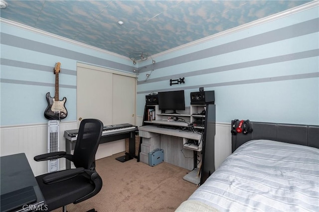 3667 Hawks Dr, Brea, CA 92823 - bedroom with carpet flooring, an office area, a wainscoted wall, and a closet