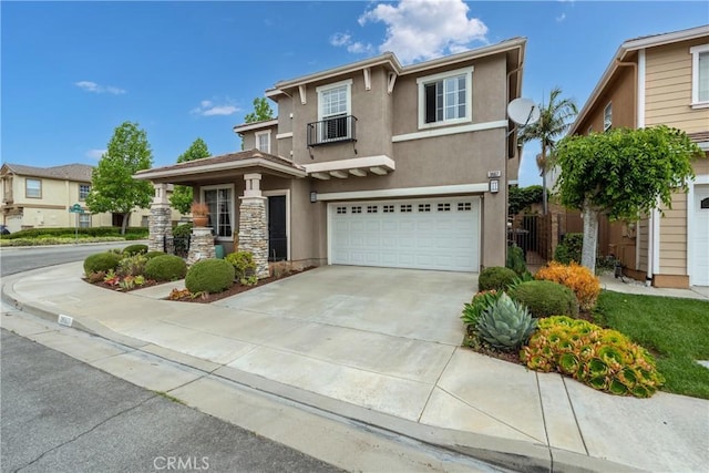 3667 Hawks Dr, Brea, CA 92823 - view of front of property with stucco siding, a garage, concrete driveway, cooling unit, and a balcony