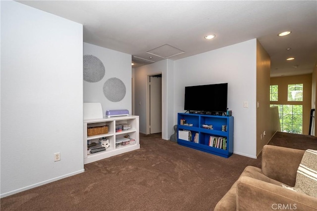 3667 Hawks Dr, Brea, CA 92823 - living room featuring carpet floors, attic access, baseboards, and recessed lighting