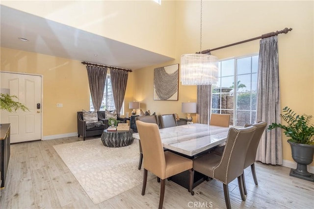 3667 Hawks Dr, Brea, CA 92823 - dining area featuring a chandelier, healthy amount of natural light, light wood-style flooring, baseboards, and a high ceiling