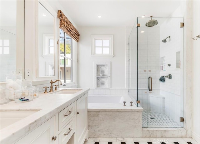 7161/2 Iris Ave, Corona Del Mar, CA 92625 - full bathroom with a stall shower, a garden tub, double vanity, tile patterned floors, and recessed lighting
