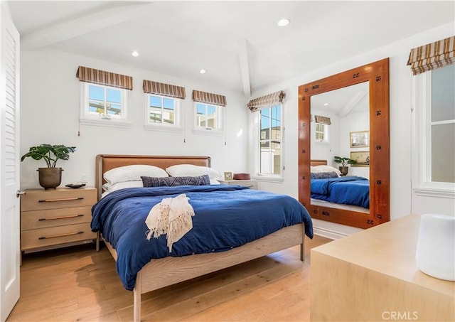 7161/2 Iris Ave, Corona Del Mar, CA 92625 - bedroom with light wood finished floors, beamed ceiling, and recessed lighting