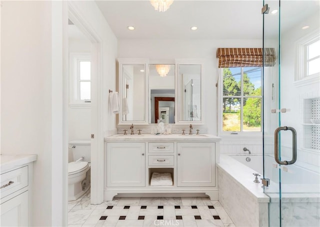 7161/2 Iris Ave, Corona Del Mar, CA 92625 - full bathroom featuring double vanity, a bath, toilet, a stall shower, and recessed lighting