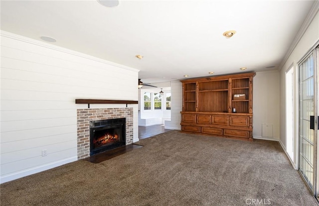 36055 Maddalena Rd, Winchester, CA 92596 - unfurnished living room with a brick fireplace, a ceiling fan, carpet, baseboards, and ornamental molding